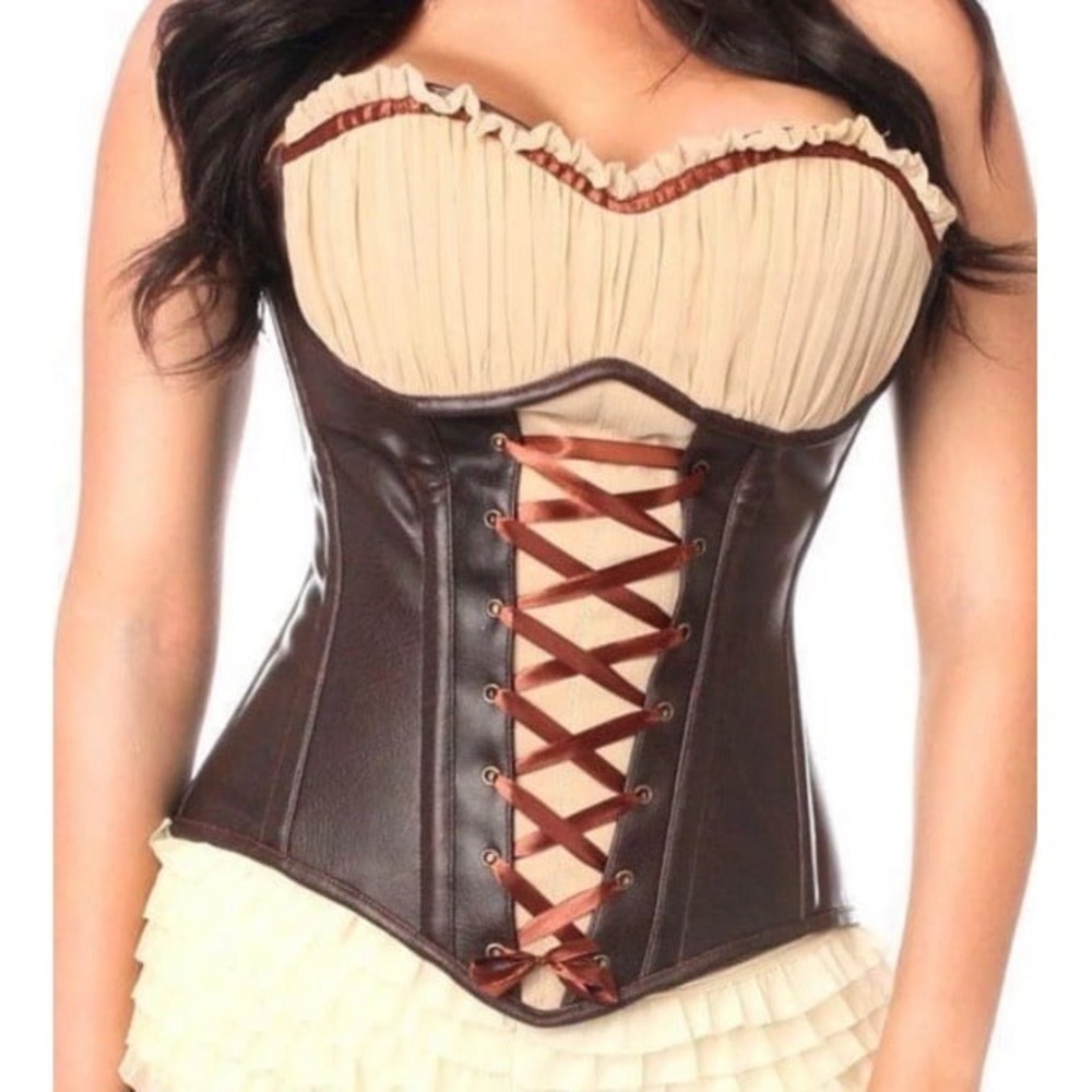 Top Drawer Daisy Corsets Faux Leather Steel Boned Ren Faire Corset Brown Large